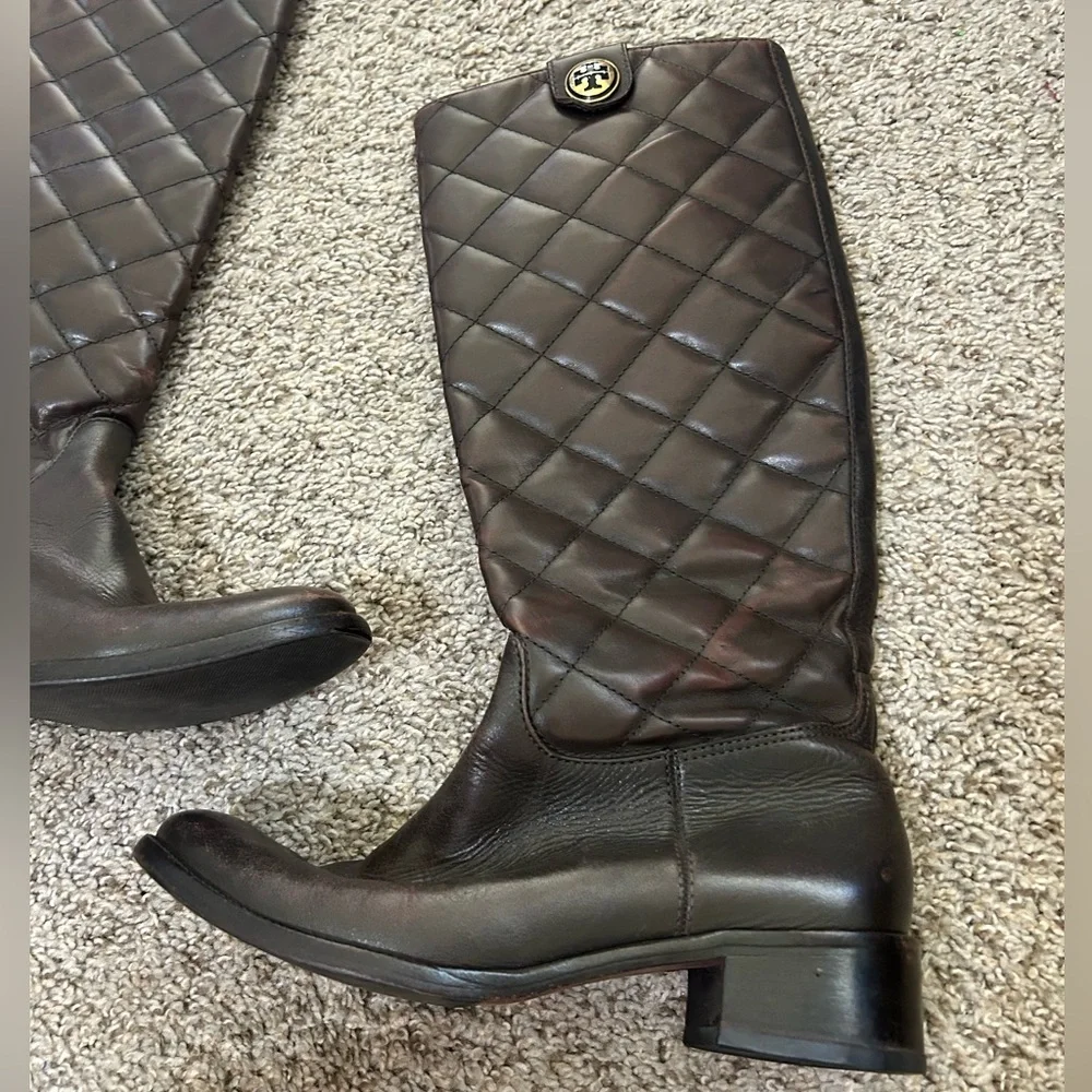 Tory Burch Quilted Pattern Leather Riding Boots Women's Size 6.5 Brown Tall Fall